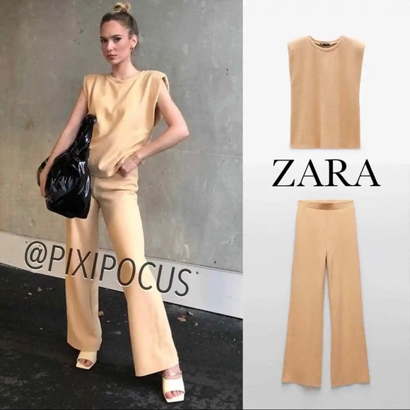 Zara 2 piece set - knit shoulder pad tee & matching pants tan lounge set - Picture 2 of 12
